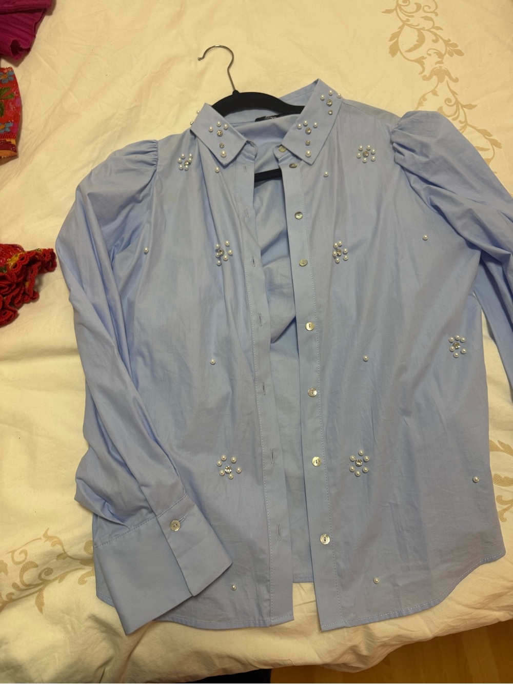 Zara Light Blue Embellished Pearl Button-Down Shirt